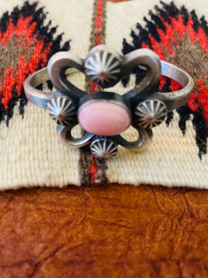 Navajo Queen Pink Conch Shell & Sterling Silver Cuff Bracelet By Chimney Butte