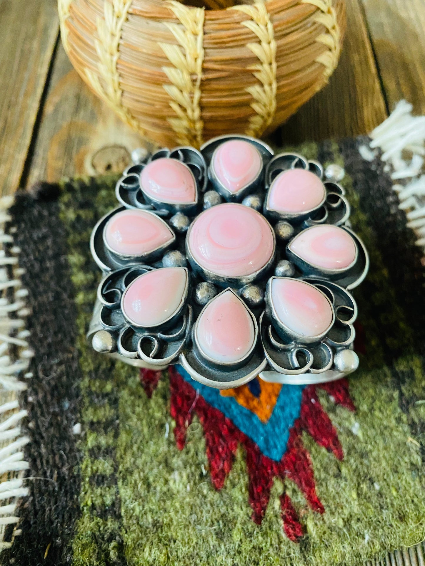 Navajo Queen Pink Conch Shell & Sterling Silver Cluster Cuff Bracelet Signed