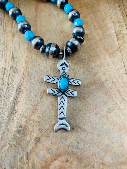 Sterling Silver Navajo Pearl & Turquoise Beaded Cross Necklace