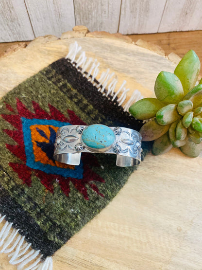 Navajo Sterling Silver & Carico Lake Turquoise Cuff Bracelet Signed