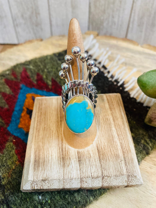 Navajo Royston Turquoise & Sterling Silver Crown Ring Size 7.5