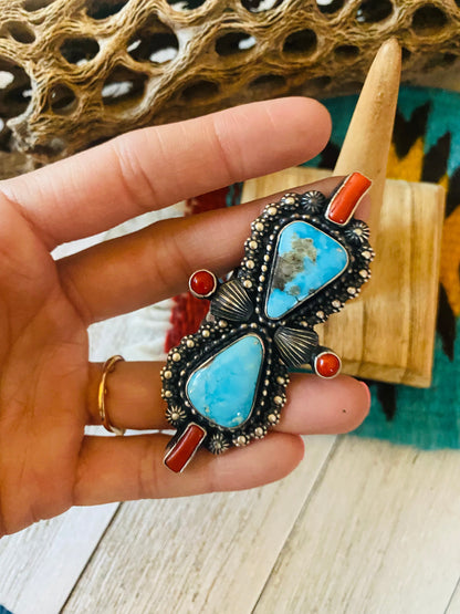 Navajo Sterling Kingman Turquoise & Red Coral Ring Size 9 By Shawn Cayatineto