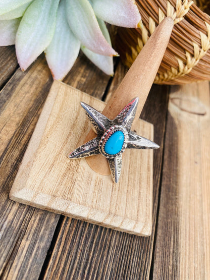 Navajo Turquoise & Sterling Silver Star Ring Size 9.25 Signed