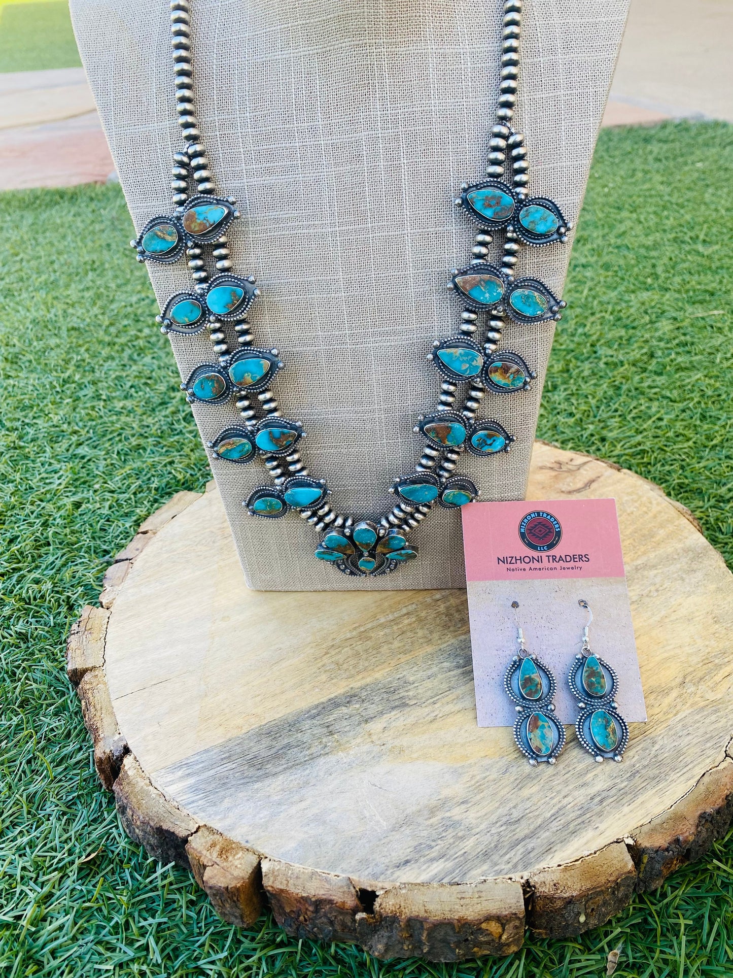 Navajo Sterling Silver & Royston Turquoise Squash Necklace Set Signed