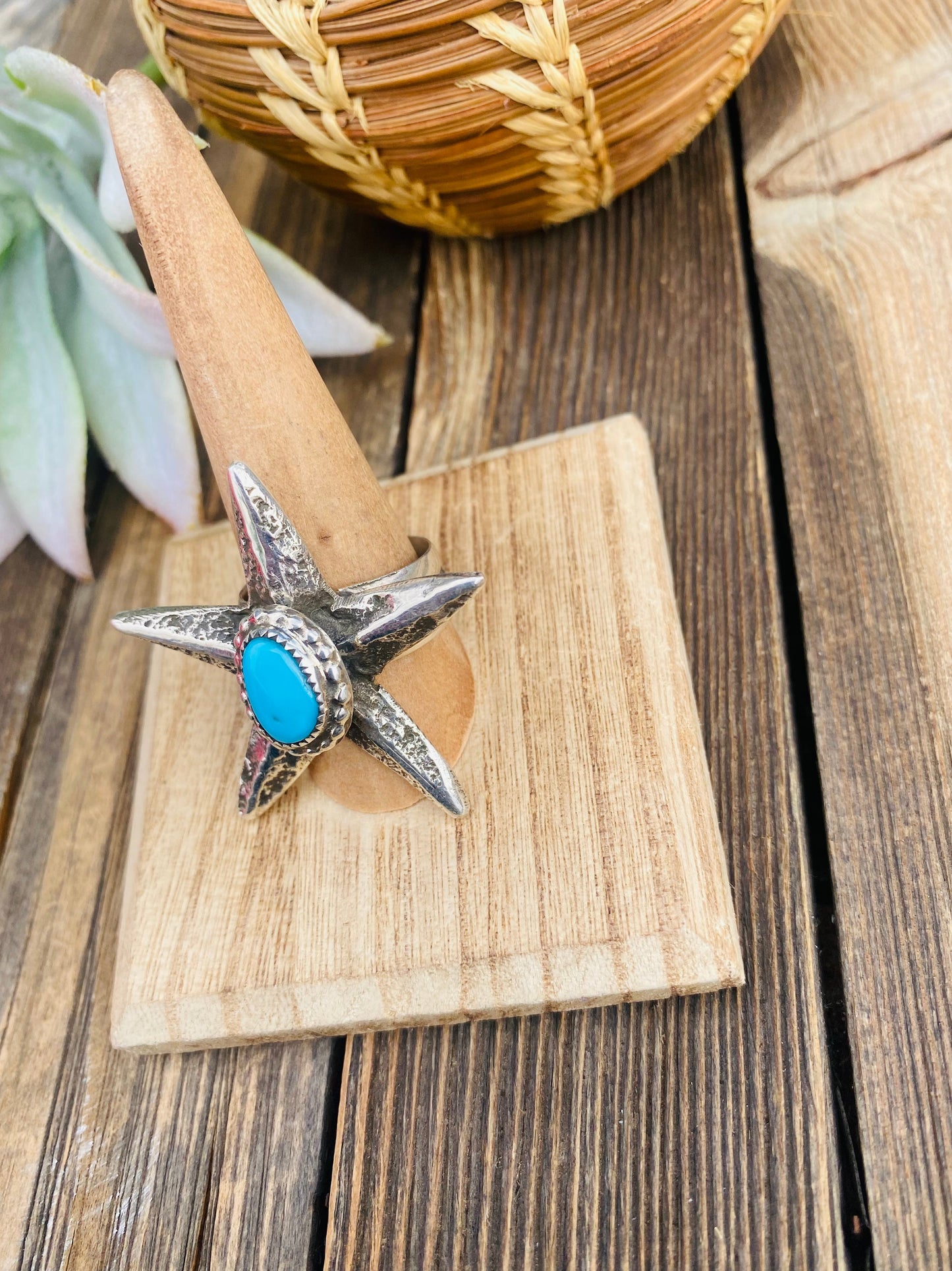 Navajo Turquoise & Sterling Silver Star Ring Size 9.25 Signed