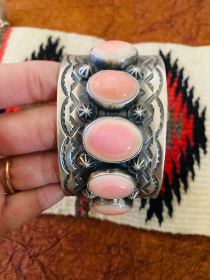 Navajo Queen Pink Conch Shell & Sterling Silver Cuff Bracelet Signed