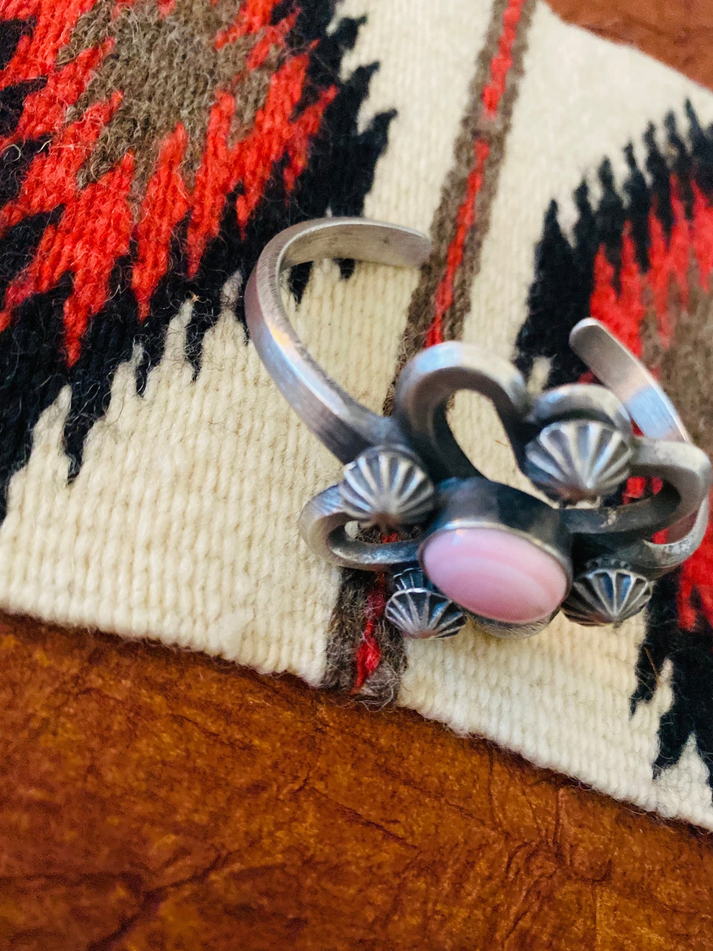 Navajo Queen Pink Conch Shell & Sterling Silver Cuff Bracelet By Chimney Butte