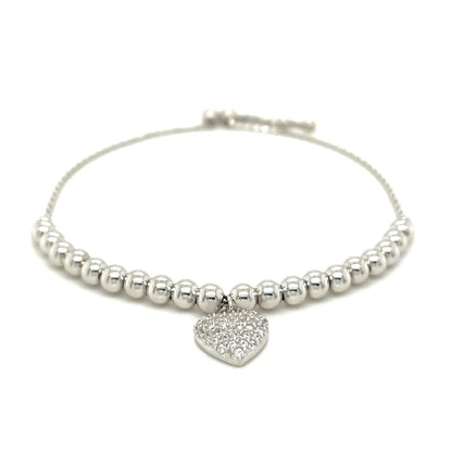 Adjustable Bead Bracelet with Round Charm and Cubic Zirconias in Sterling Silver