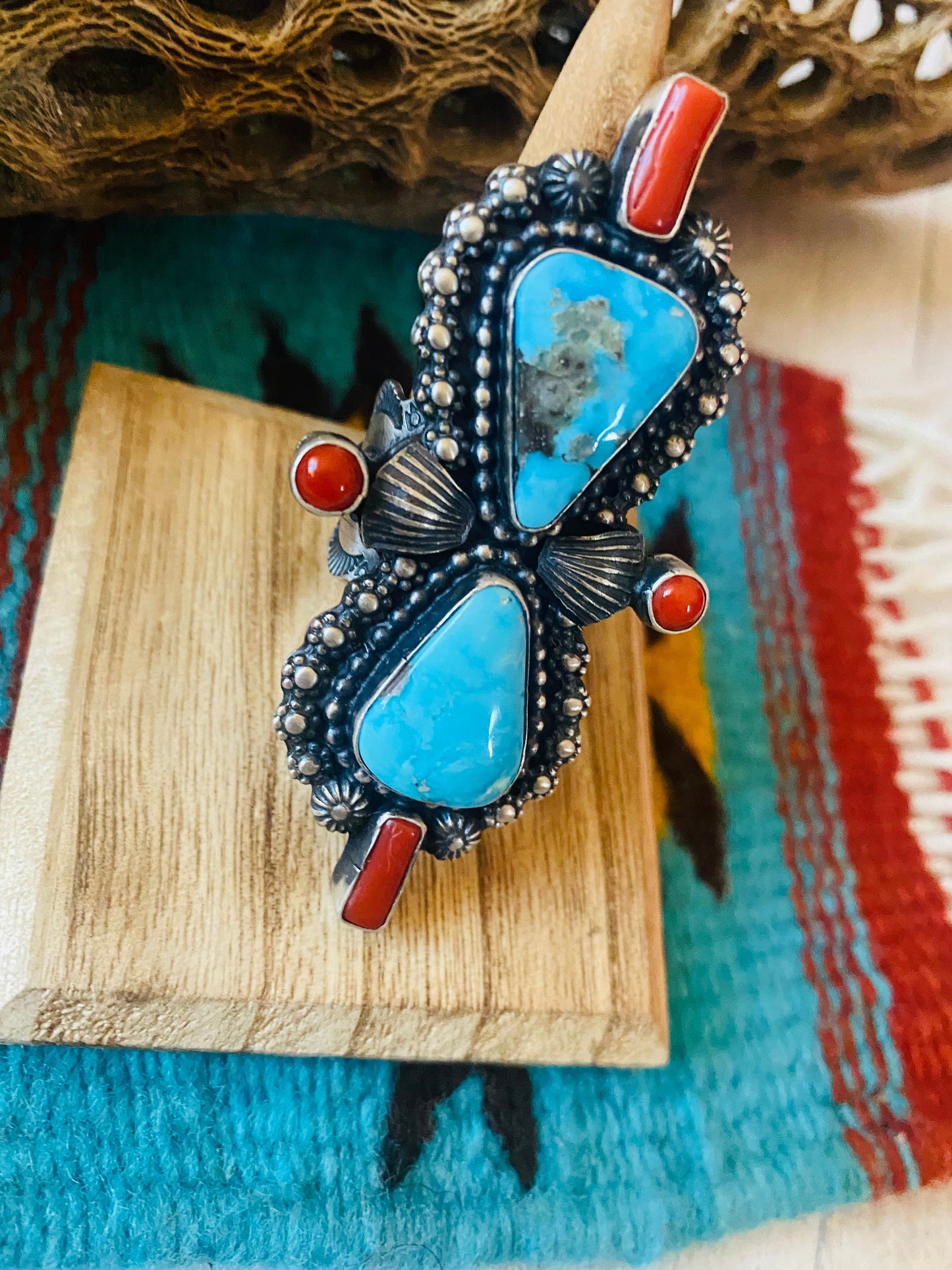 Navajo Sterling Kingman Turquoise & Red Coral Ring Size 9 By Shawn Cayatineto