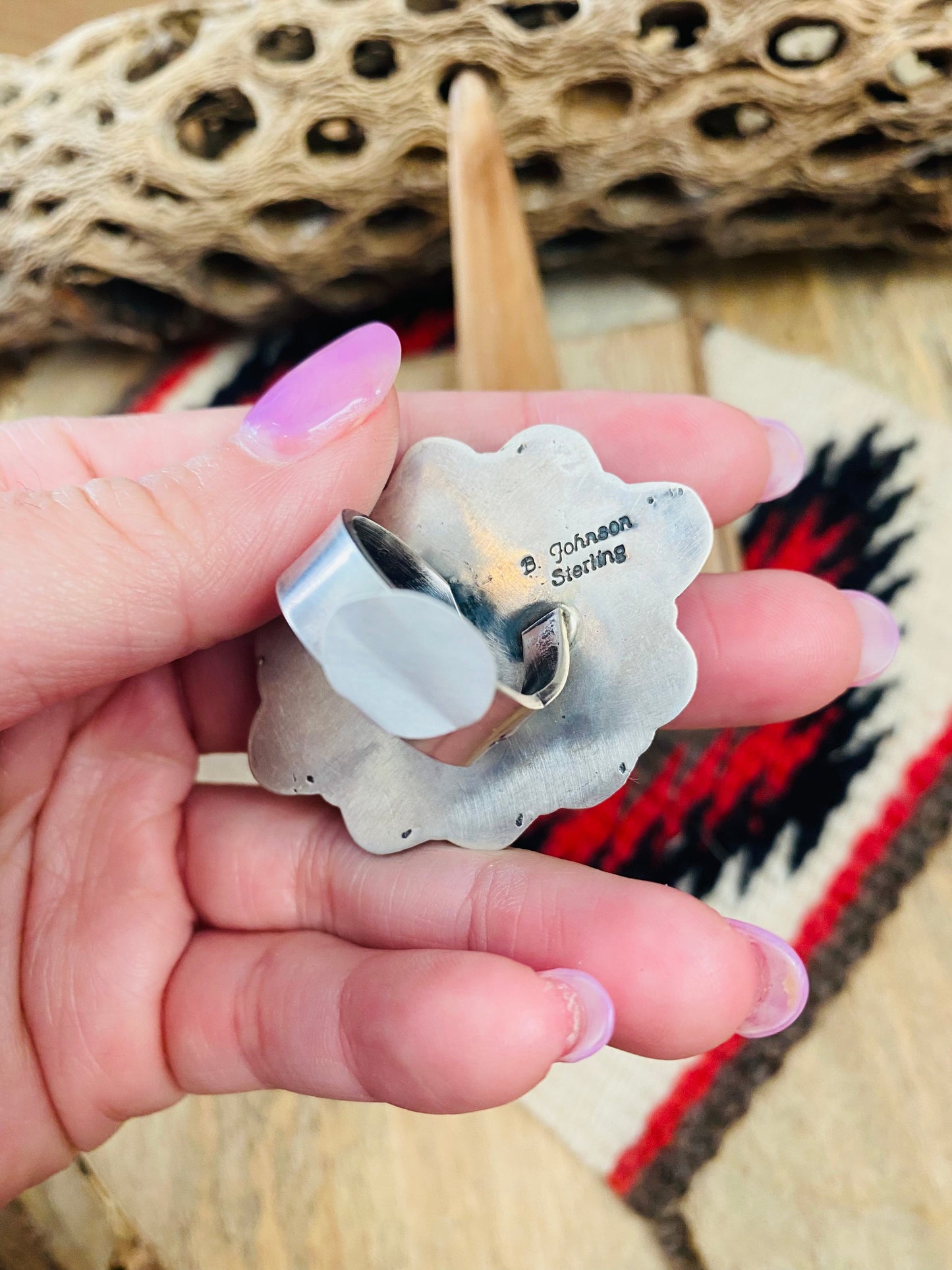 Navajo Sterling Silver And White Buffalo Cluster Adjustable Ring Signed