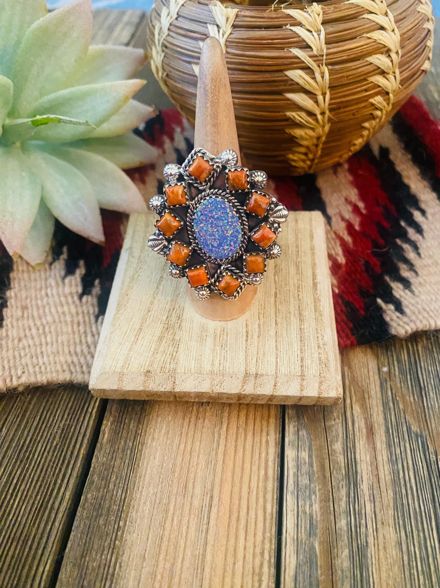 Handmade Sterling Silver, Orange Mojave & Opal Cluster Adjustable Ring