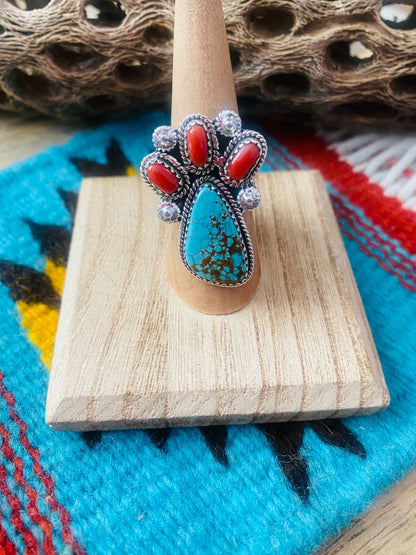 Handmade Sterling Silver, Coral & Number 8 Turquoise Adjustable Ring