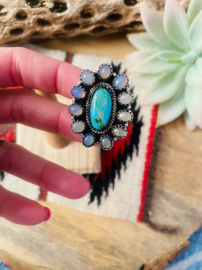 Handmade Sterling Silver, Turquoise & Opal Cluster Adjustable Ring