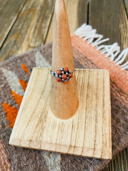 Zuni Sterling Silver & Red Coral Petit Point Ring