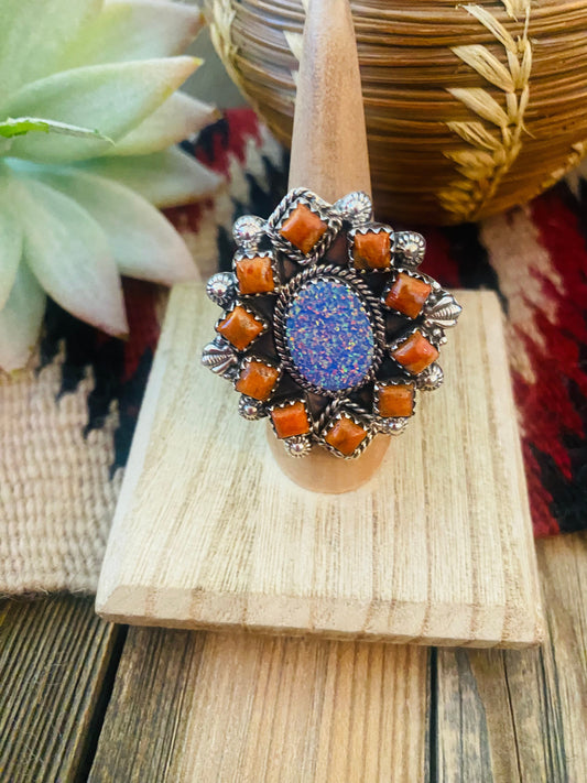 Handmade Sterling Silver, Orange Mojave & Opal Cluster Adjustable Ring