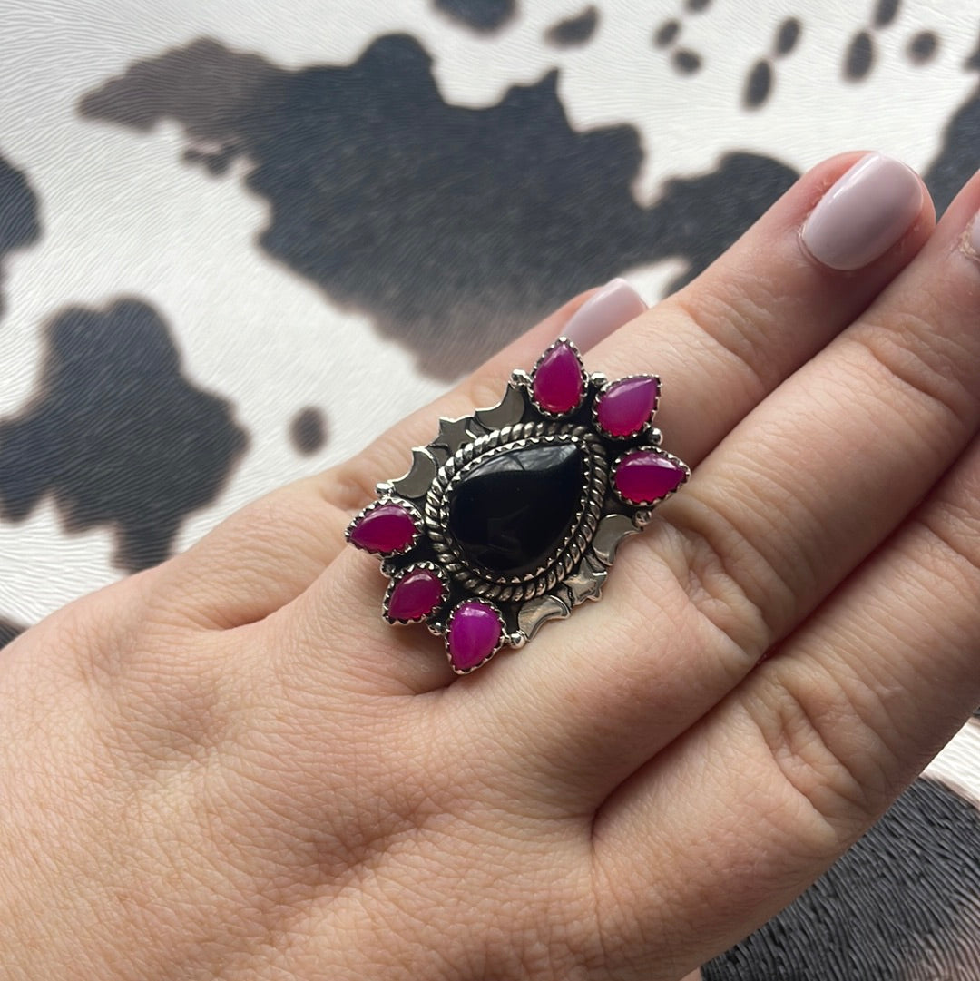 Handmade Pink & Black Onyx Sterling Silver Adjustable Ring Signed Nizhoni