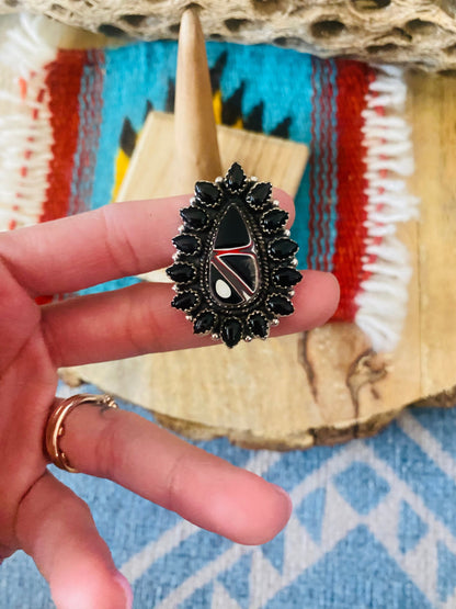 Handmade Sterling Silver, Fordite & Onyx Cluster Adjustable Ring