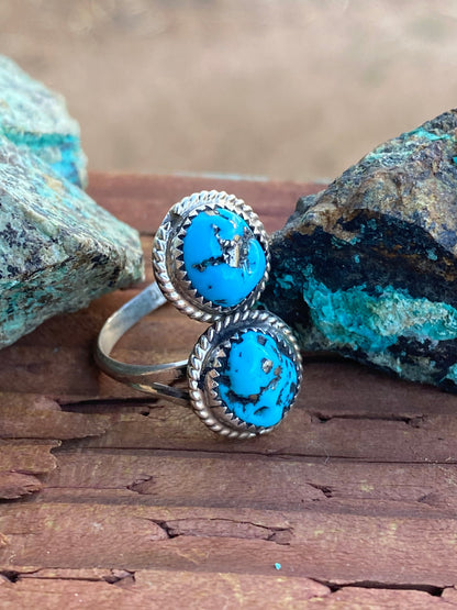 Navajo 2 Stone Turquoise And Sterling Silver Adjustable Ring