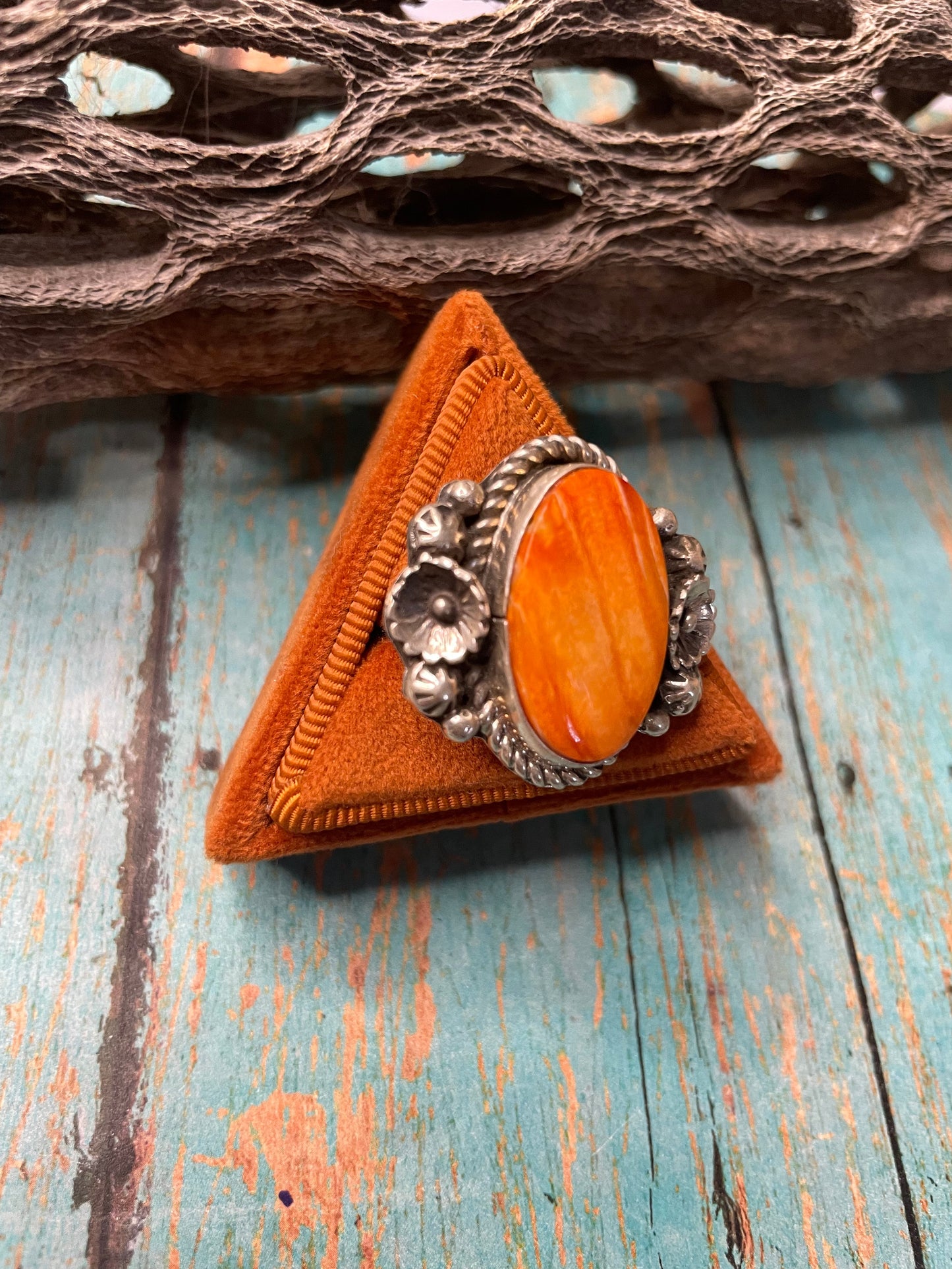 Old Pawn Navajo Sterling Silver & Orange Spiny Ring Size 7.5