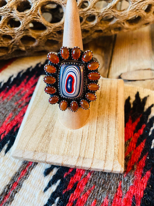 Handmade Sterling Silver, Fordite & Garnet Cluster Adjustable Ring