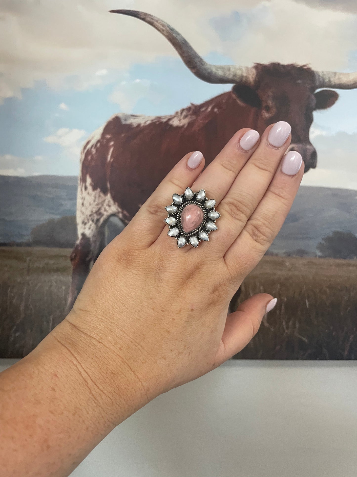 Handmade Sterling Silver, Mother of Pearl & Rhodochrosite Cluster Adjustable Ring Signed Nizhoni