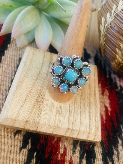 Handmade Sterling Silver, Turquoise & Opal Cluster Adjustable Ring