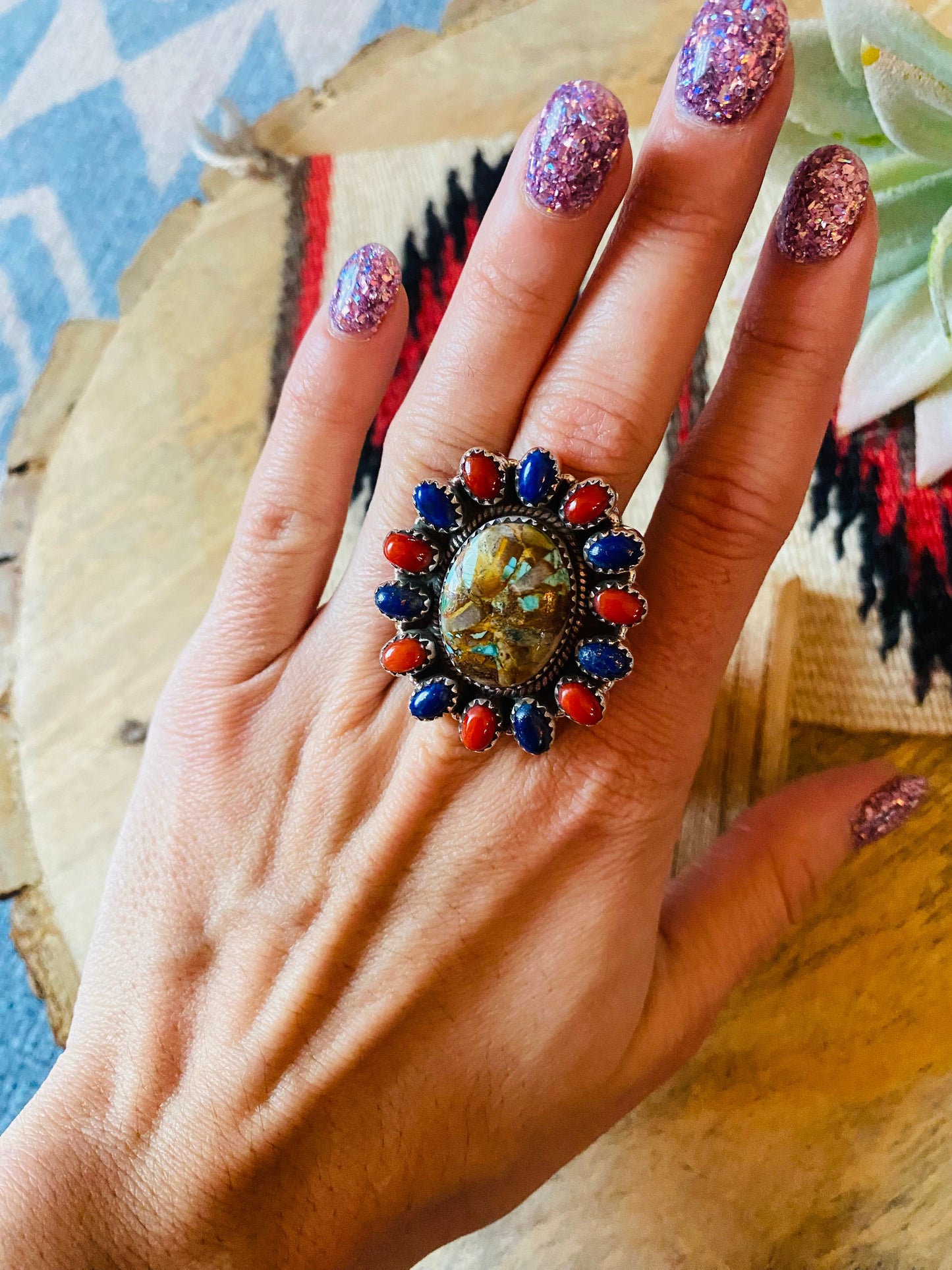 Handmade Sterling Silver, Turquoise, Coral & Lapis Cluster Adjustable Ring