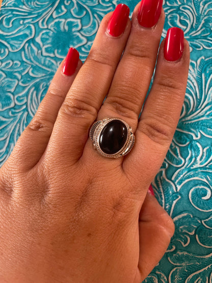 Old Pawn Navajo Sterling Silver & Black Onyx Ring Size 9