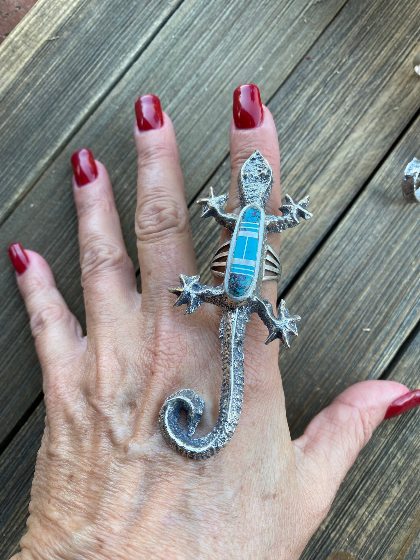 Navajo Turquoise& Sterling Silver Inlay Gecko Ring