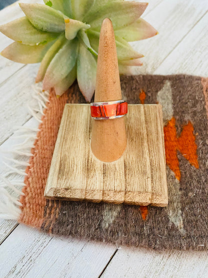 Navajo Sterling Silver & Orange Spiny Inlay Band Ring Size 6.5