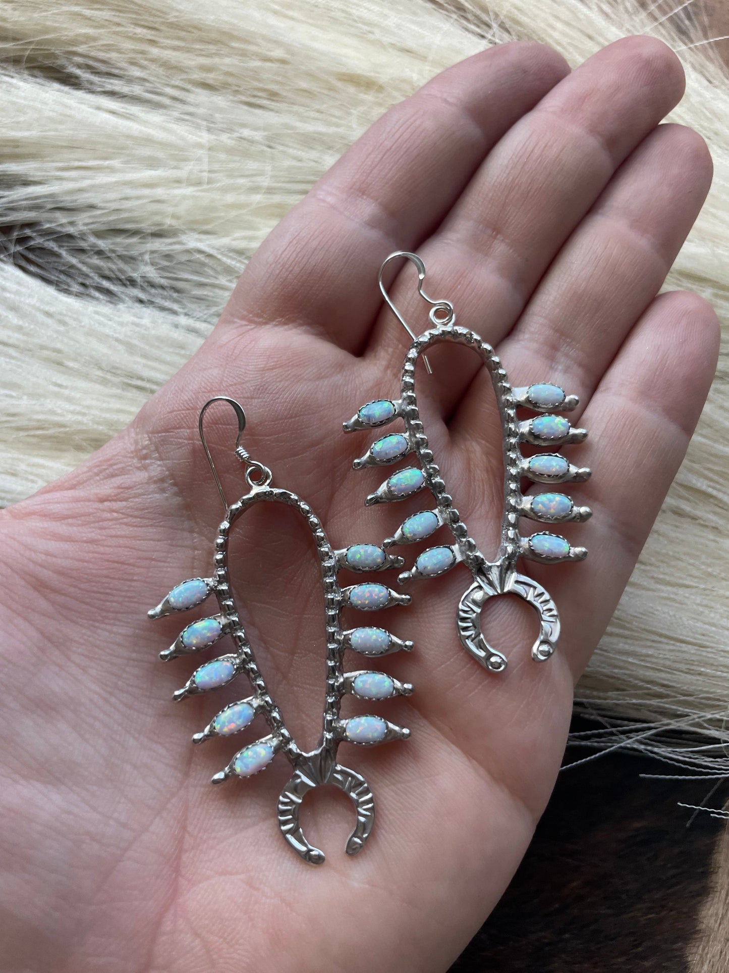 Navajo Sterling Silver & Opal Squash Blossom Dangle Earrings