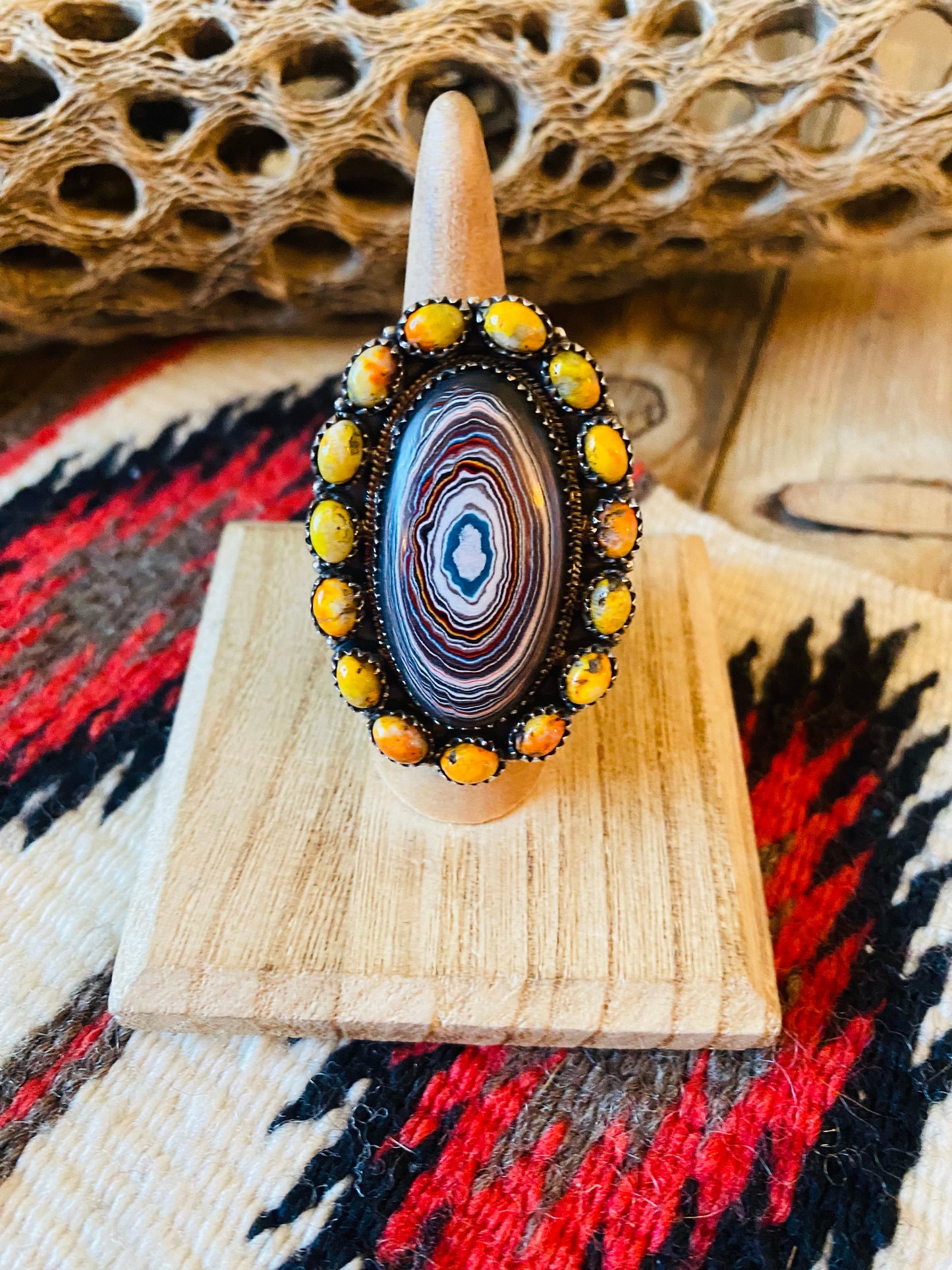 Handmade Sterling Silver, Fordite & Orange Mohave Cluster Adjustable Ring