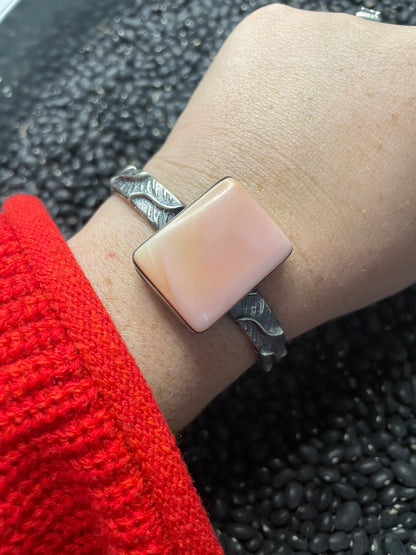 Navajo Pink Conch & Tufa Cast Cuff Bracelet Signed