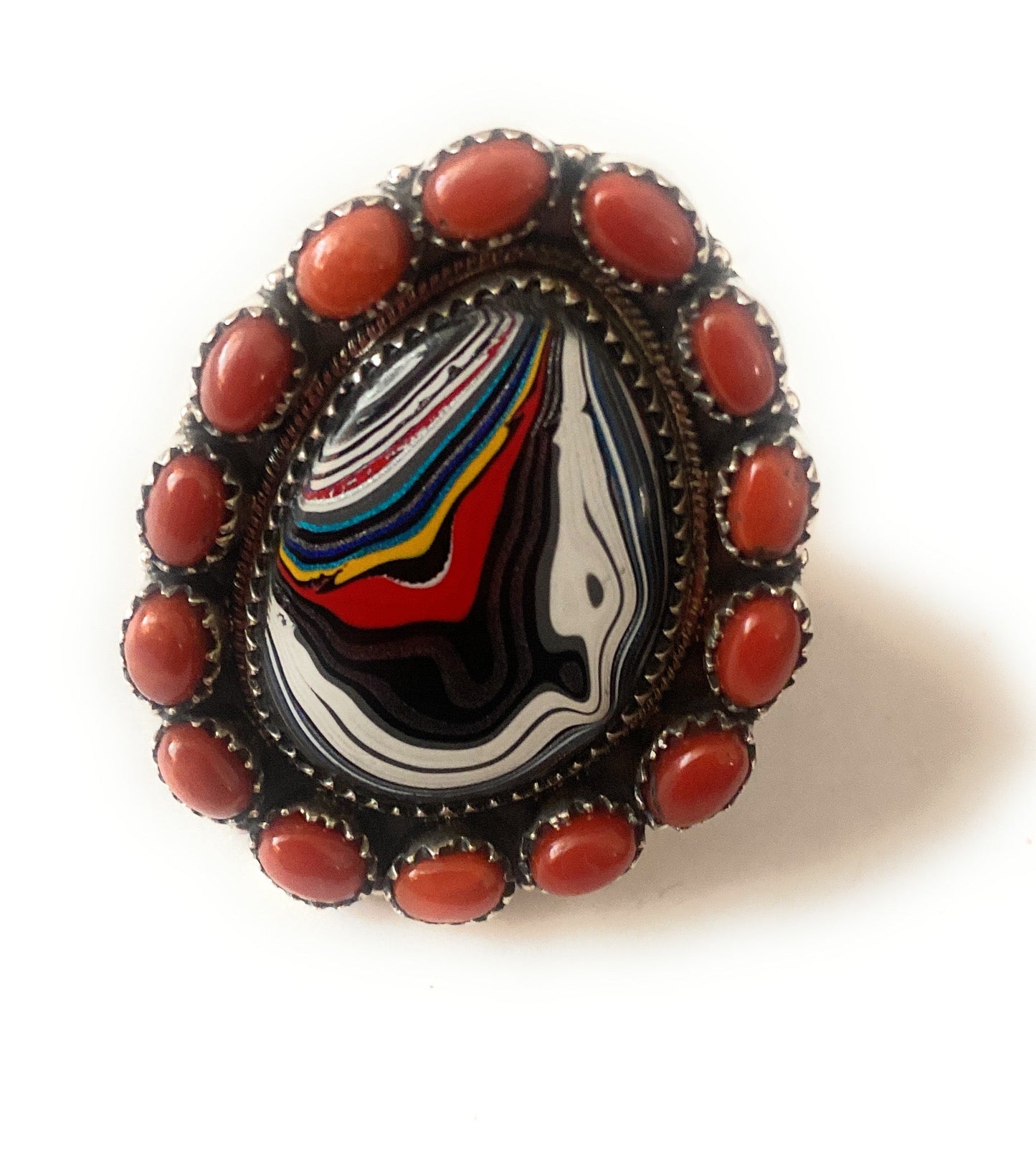 Handmade Sterling Silver, Fordite & Coral Cluster Adjustable Ring