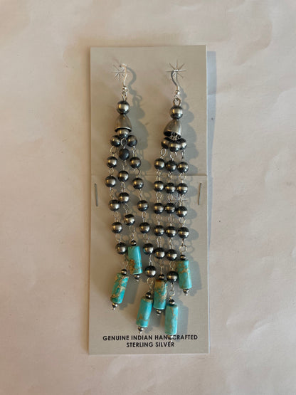 Navajo Pearl Sterling Silver Hand Made Turquoise Dangle Earrings