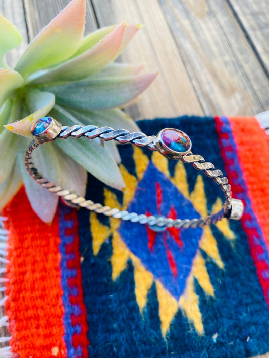 Navajo Twisted Sterling Silver & Pink Dream Mohave Bangle Bracelet