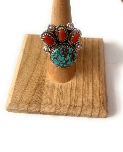 Handmade Sterling Silver, Coral & Number 8 Turquoise Adjustable Ring