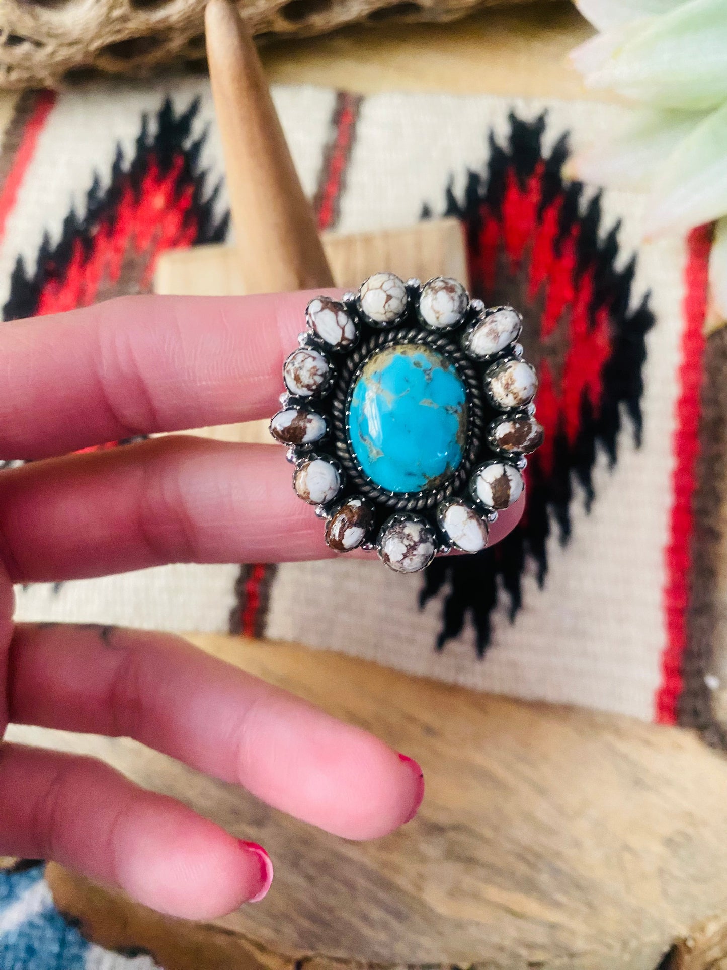 Handmade Sterling Silver, Wild Horse & Turquoise Cluster Adjustable Ring