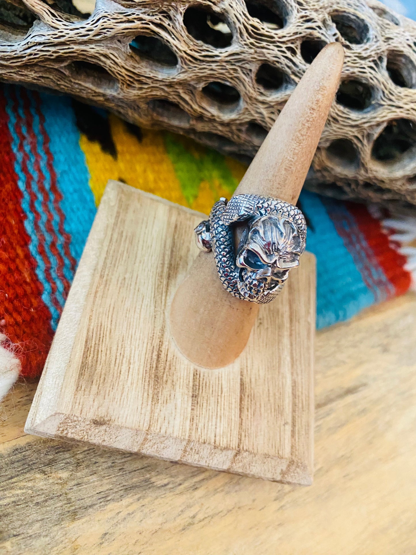 Handmade Sterling Silver Skull Snake Adjustable Ring