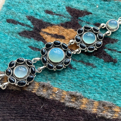 Handmade Sterling Silver, Onyx & Aqua Calcedony Link Bracelet Signed Nizhoni