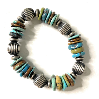 Navajo Sterling Silver Stretchy Natural #8 Turquoise Beaded Bracelet