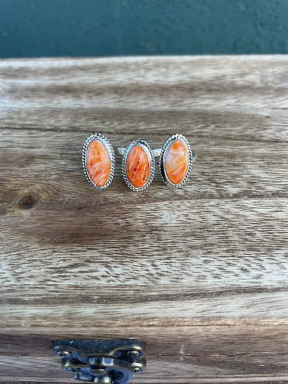 Navajo Sterling Silver And Light Orange Spiny Adjustable Triple Threat Knuckler Ring