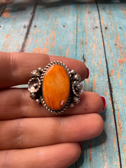 Old Pawn Navajo Sterling Silver & Orange Spiny Ring Size 7.5