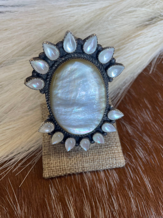 Navajo Mother Of Pearl And Sterling Silver Adjustable Statement Ring