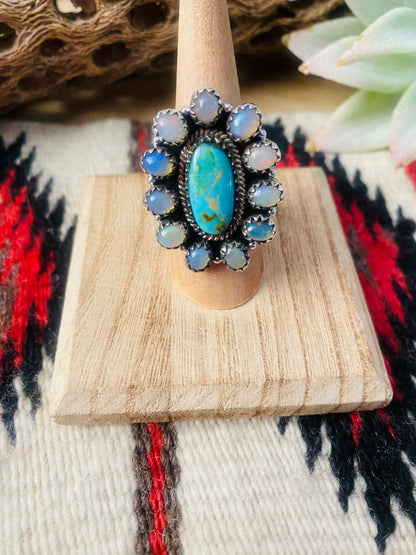 Handmade Sterling Silver, Turquoise & Opal Cluster Adjustable Ring