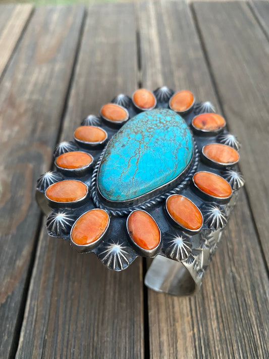 Kingman Turquoise & Spiny Sterling Silver Bracelet Signed