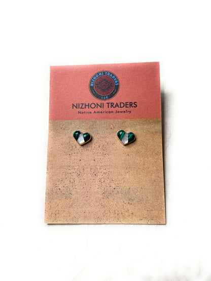 Zuni Sterling Silver, Malachite, Mother of Pearl Stud Heart Earrings