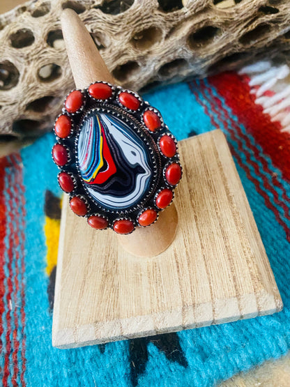 Handmade Sterling Silver, Fordite & Coral Cluster Adjustable Ring