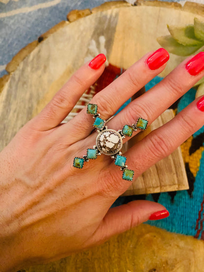 Beautiful Sterling Silver, Wild Horse & Turquoise Adjustable Ring