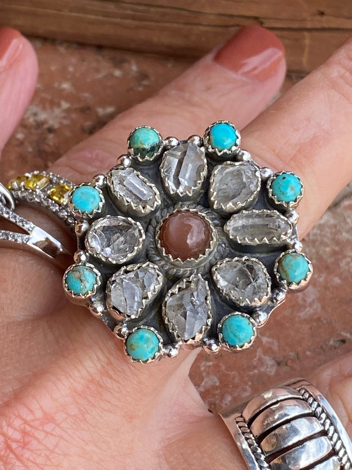 Handmade Garnet Sterling Silver, Turquoise & Herkimer Diamond Cluster Adjustable Ring